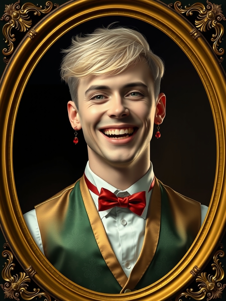 golden frame portrait blonde man laughing green eyes by Free AI Image Generator & Maker - No login required✨ | AIGAZOU