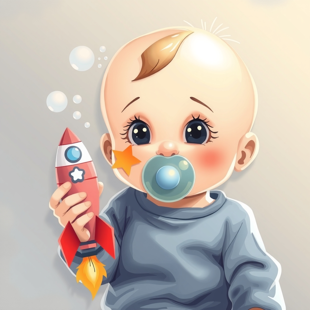 cute baby with pacifier holds toy rocket by Free AI Image Generator & Maker - No login required✨ | AIGAZOU