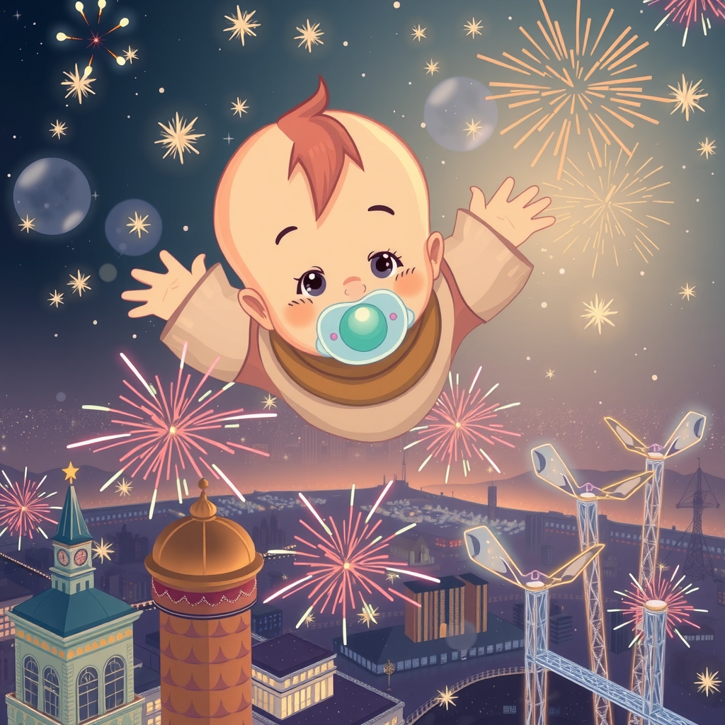 cute baby with pacifier flies over city by Free AI Image Generator & Maker - No login required✨ | AIGAZOU