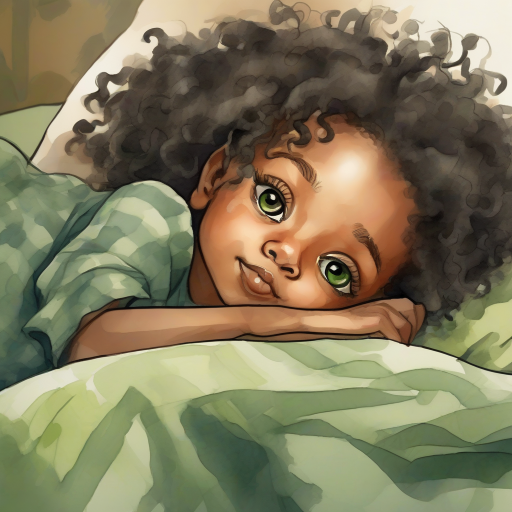 watercolor style black girl 6 years old big olive green eyes curly short hair sleeping bed by Free AI Image Generator & Maker - No login required✨ | AIGAZOU
