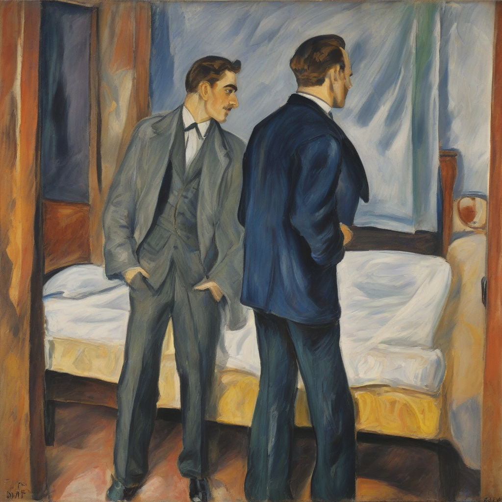 otto mueller painting rendezvous two men bed 1925 by Free AI Image Generator & Maker - No login required✨ | AIGAZOU