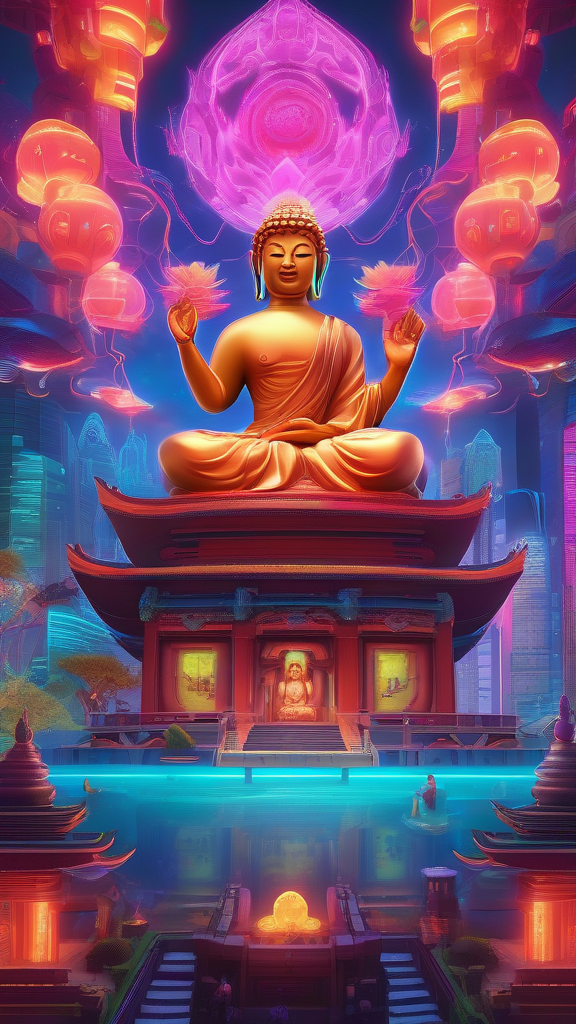 neon buddhist futuristic realm overhead view by Free AI Image Generator & Maker - No login required✨ | AIGAZOU