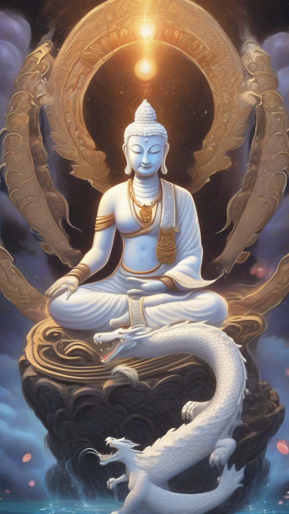 serene buddha glow dots mystical atmosphere hindu woman white dragon warrior heart stream totem night vigilante gold white palette eastern by Free AI Image Generator & Maker - No login required✨ | AIGAZOU