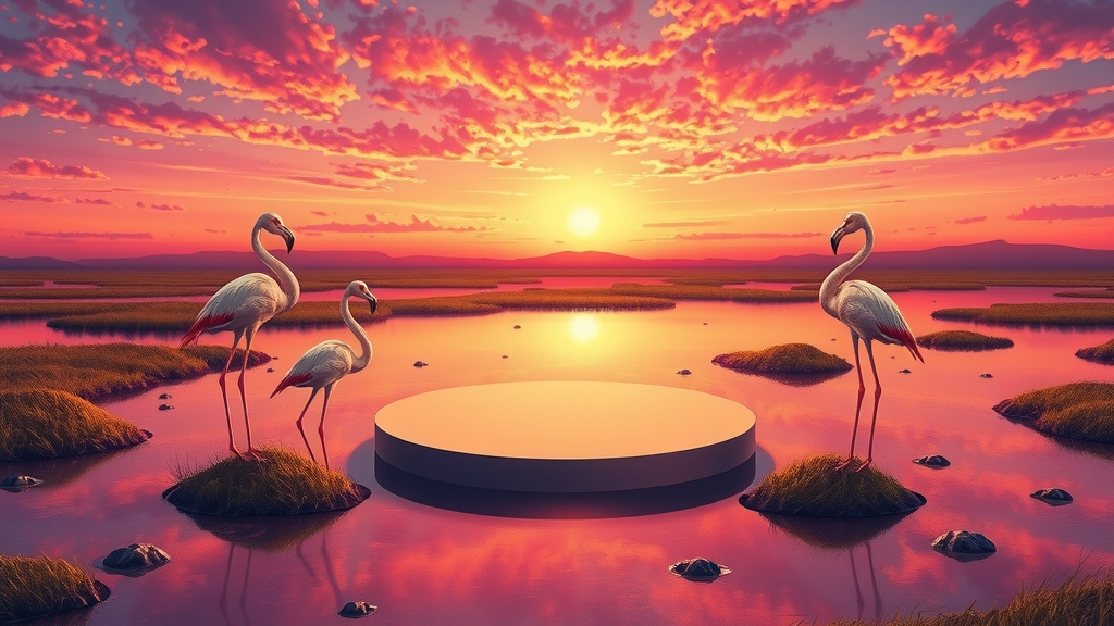 surreal wetland sunset purple orange sky flamingos by Free AI Image Generator & Maker - No login required✨ | AIGAZOU