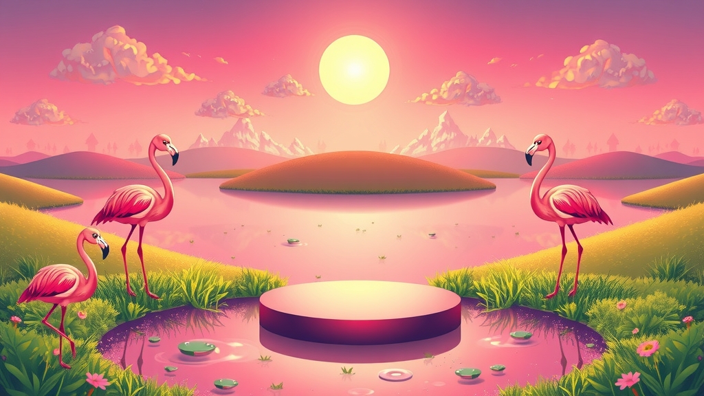 dreamy wetland purple pink sky cartoon flamingos by Free AI Image Generator & Maker - No login required✨ | AIGAZOU