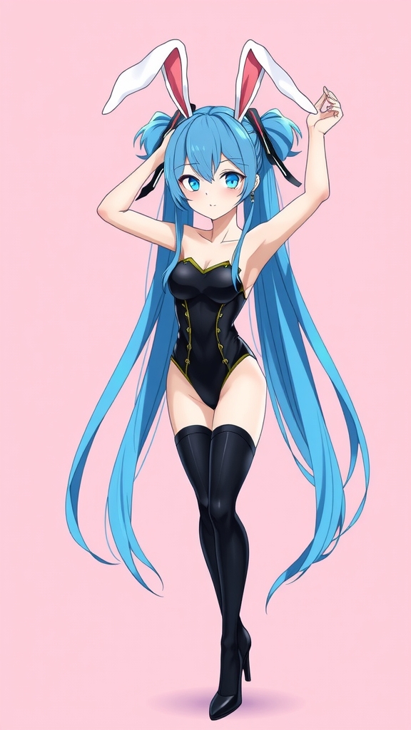 anime girl rabbit ears blue hair black costume by Free AI Image Generator & Maker - No login required✨ | AIGAZOU