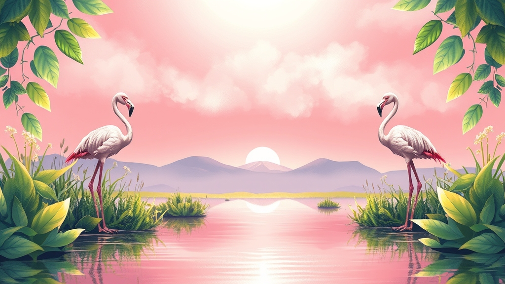 dreamy wetland scene pink purple sky flamingos by Free AI Image Generator & Maker - No login required✨ | AIGAZOU
