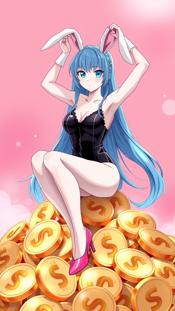 anime bunny girl black costume pink heels gold coins by Free AI Image Generator & Maker - No login required✨ | AIGAZOU