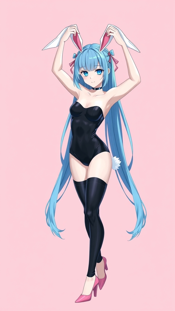 anime bunny girl blue hair black costume pink heels by Free AI Image Generator & Maker - No login required✨ | AIGAZOU