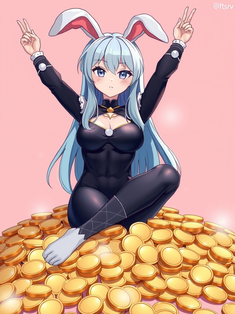 anime bunny girl blue hair black costume gold coins by Free AI Image Generator & Maker - No login required✨ | AIGAZOU