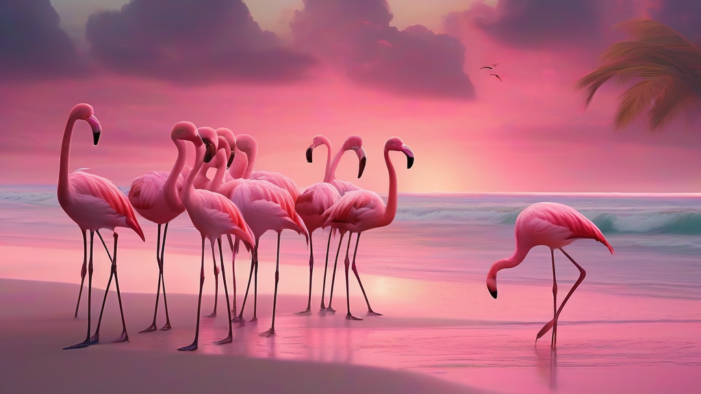serene pink beach flamingos sunset by Generatore di immagini AI gratuito - Nessuna registrazione richiesta✨ | AIGAZOU