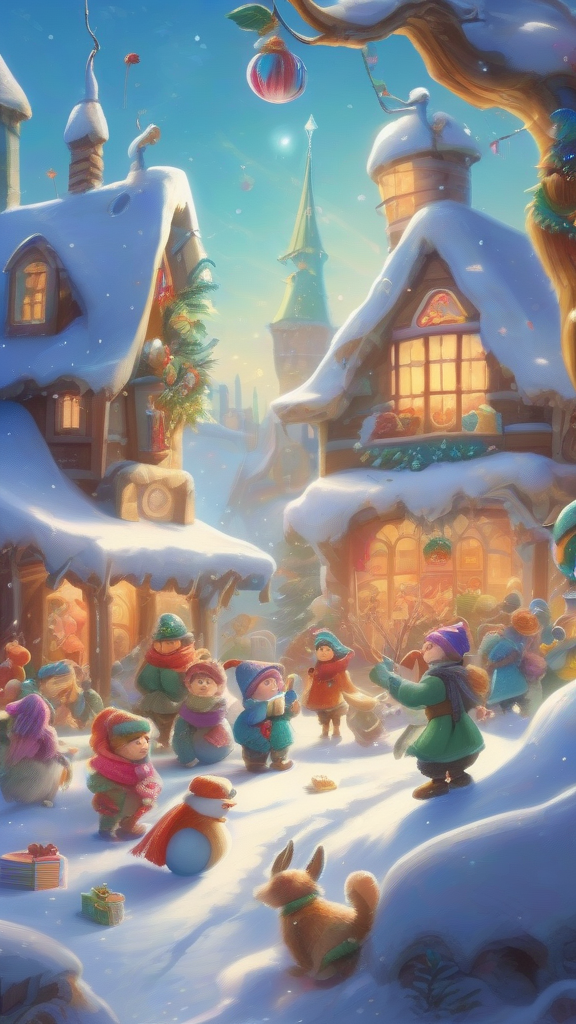 vibrant magical snowy field fluffy toys playful elves snowmen gifts by Free AI Image Generator & Maker - No login required✨ | AIGAZOU