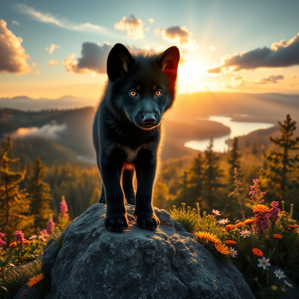 black wolf pup on rocky mountain peak with summer flowers by Free AI Image Generator & Maker - No login required✨ | AIGAZOU