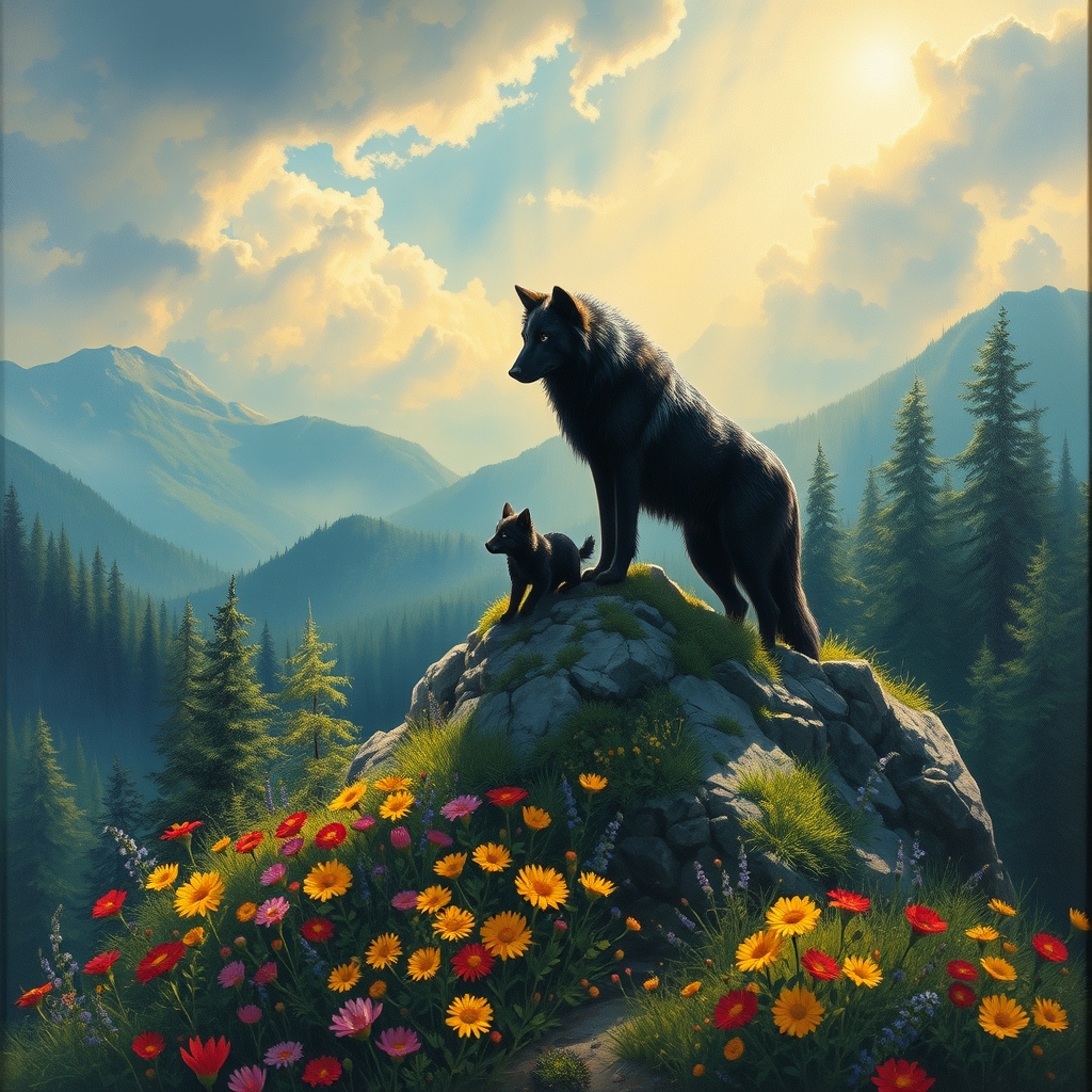 romantic landscape black wolf pup mountain peak summer flowers by Free AI Image Generator & Maker - No login required✨ | AIGAZOU