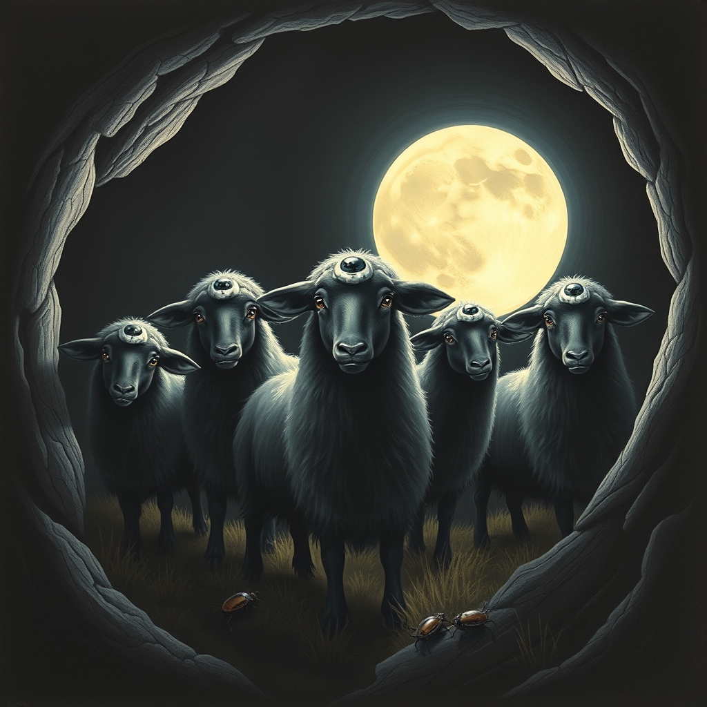 five black sheep in black hole moonlight one glass eye five beetles by Free AI Image Generator & Maker - No login required✨ | AIGAZOU