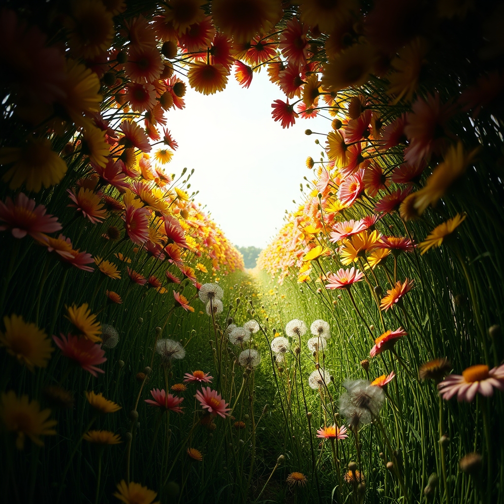 inside a tunnel of mimosas and dandelion seeds by Free AI Image Generator & Maker - No login required✨ | AIGAZOU
