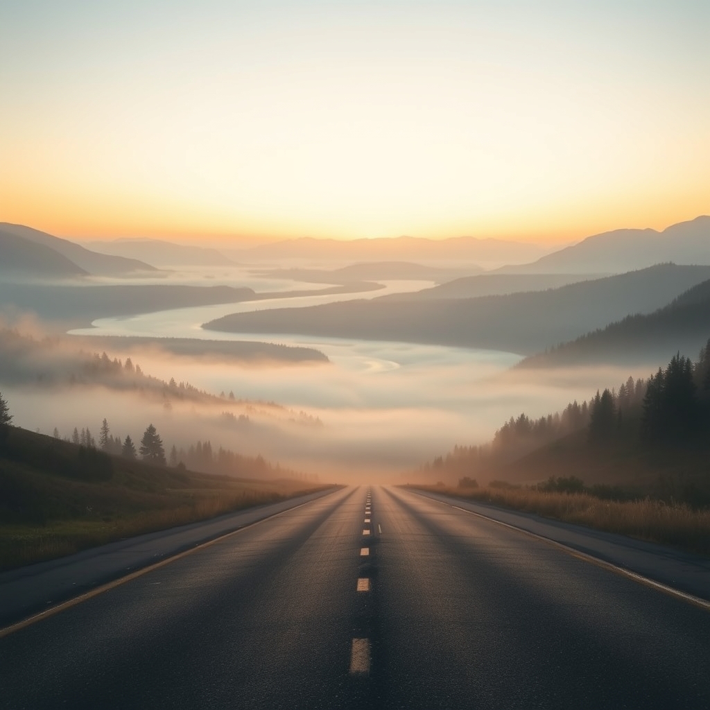 realism misty highway dawn valley river soft morning light warm colors gentle fog tranquility long road distant mountains glow horizon by Free AI Image Generator & Maker - No login required✨ | AIGAZOU