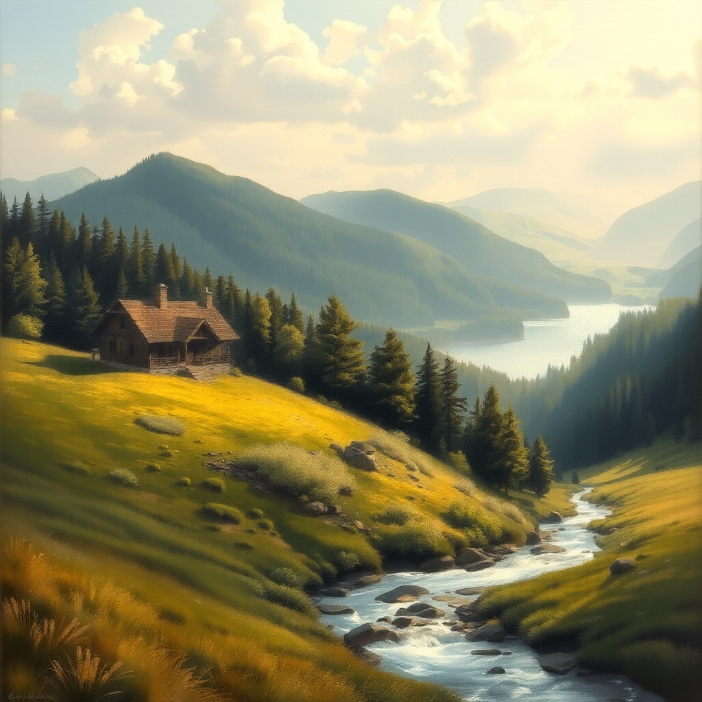romantic landscape painting chalet meadow forest lake stream light hue valley hills by Free AI Image Generator & Maker - No login required✨ | AIGAZOU