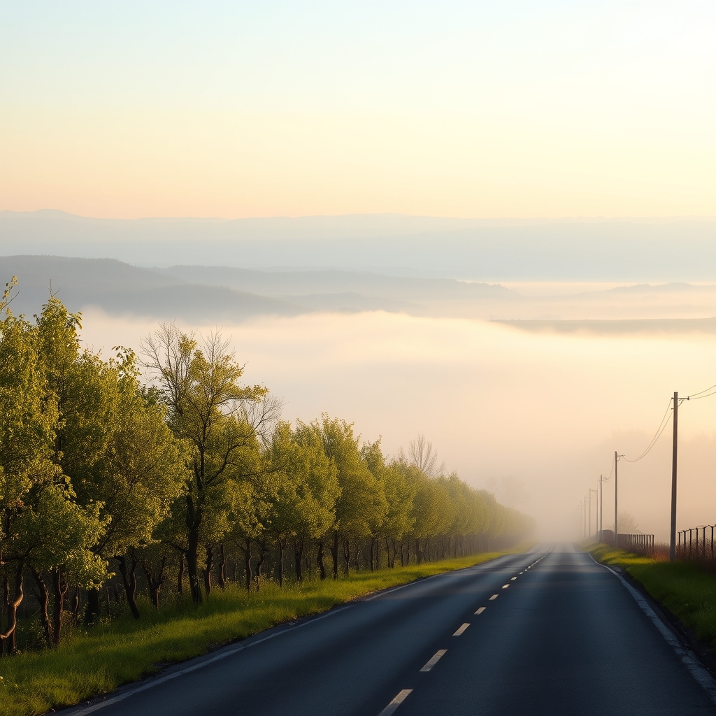morning fog over summer avenue on country road with valley and river by Free AI Image Generator & Maker - No login required✨ | AIGAZOU