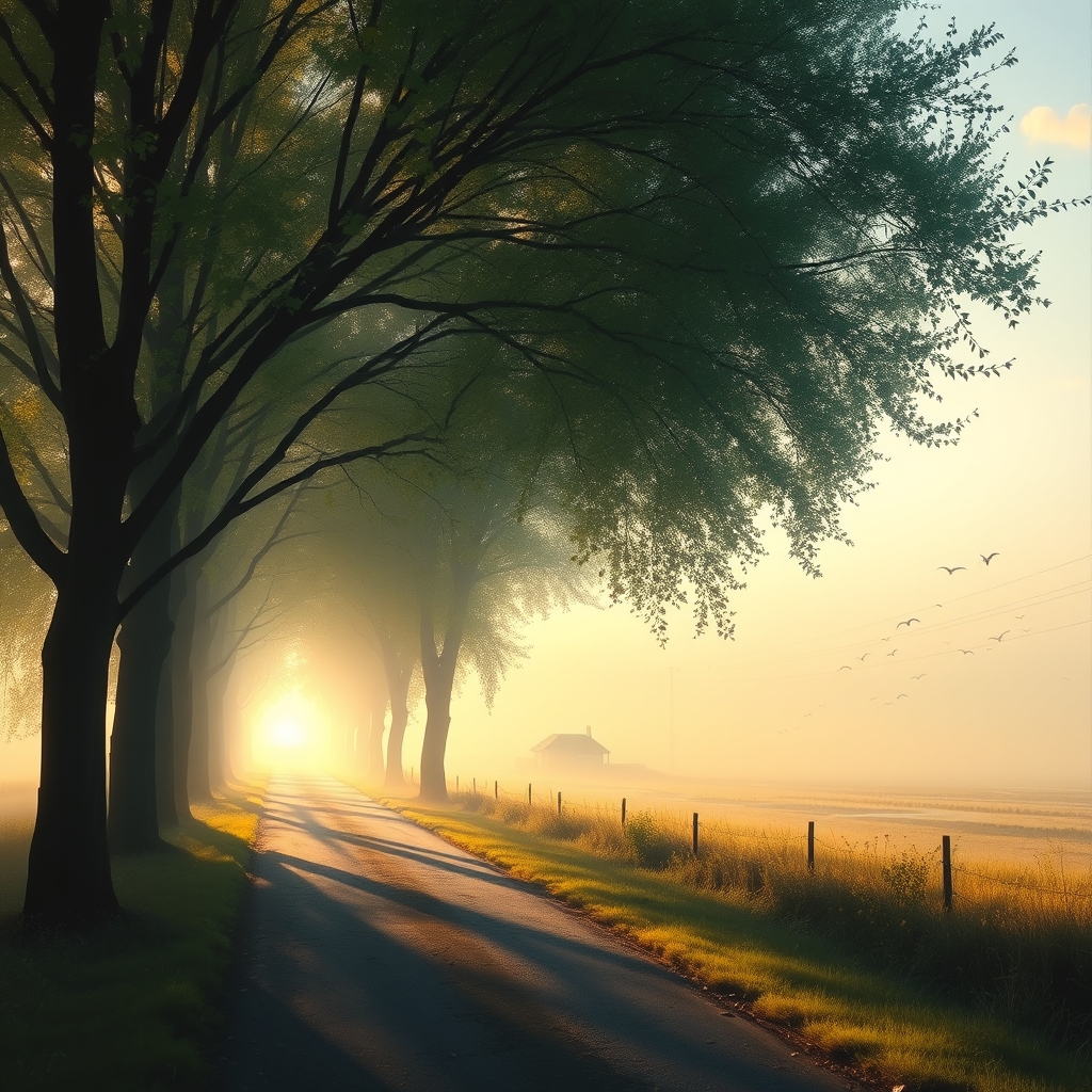 misty morning trees golden light valley river tranquility breeze birds cottage by Free AI Image Generator & Maker - No login required✨ | AIGAZOU