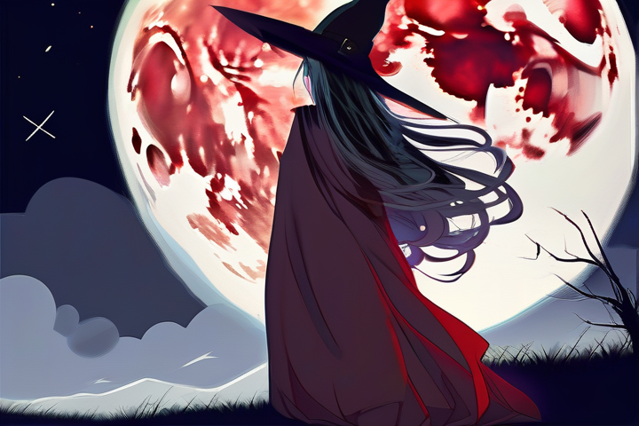 witch 20 magic night starry sky red moon dark horror anime style illustration back view by Free AI Image Generator & Maker - No login required✨ | AIGAZOU