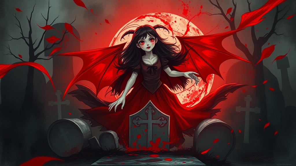 vampire girl blood red effects graveyard gothic art pale skin illustration by Free AI Image Generator & Maker - No login required✨ | AIGAZOU