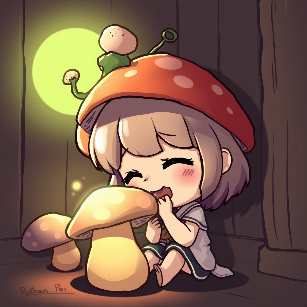 chibi girl mushroom head biting soft glow dark room warm colors whimsical cozy playful detailed textures shadows by Free AI Image Generator & Maker - No login required✨ | AIGAZOU