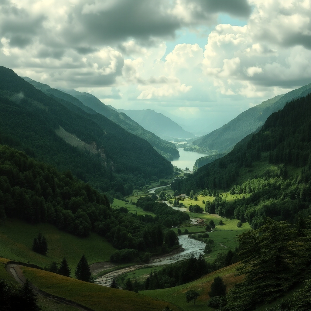 caspar david friedrich style vast emerald green valley rolling hills dense forests tranquil river meandering lush meadows seren lake reflecting sky soft diffused lighting dramatic cloud formations mystical atmosphere symmetrical composition tranquility wonder by Free AI Image Generator & Maker - No login required✨ | AIGAZOU