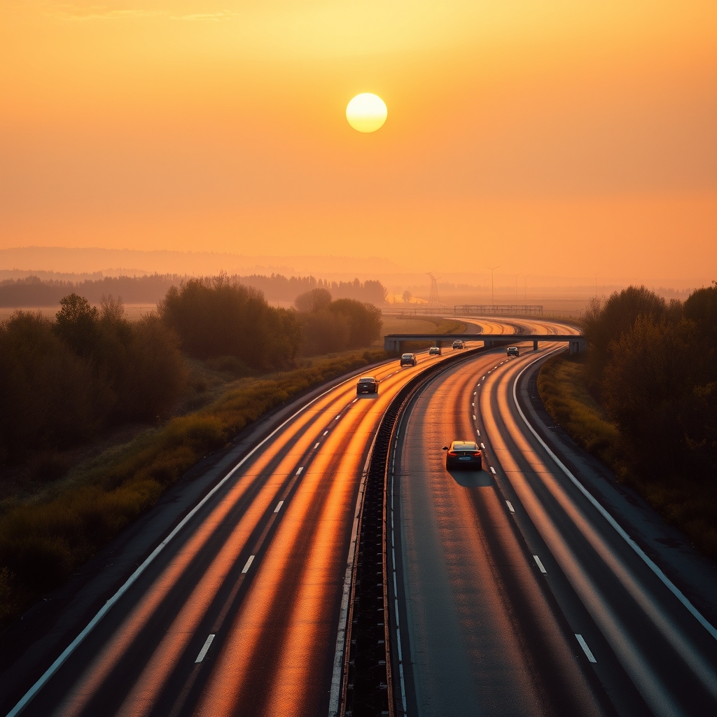 golden sunrise over german autobahn warm hues clear markings distant trees by Free AI Image Generator & Maker - No login required✨ | AIGAZOU