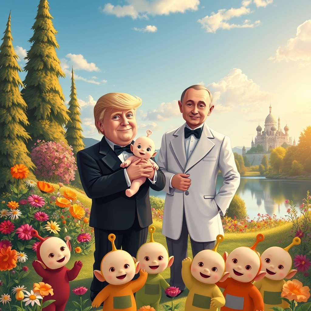 donald trump vladimir putin teletubbies garden surreal illustration by Free AI Image Generator & Maker - No login required✨ | AIGAZOU