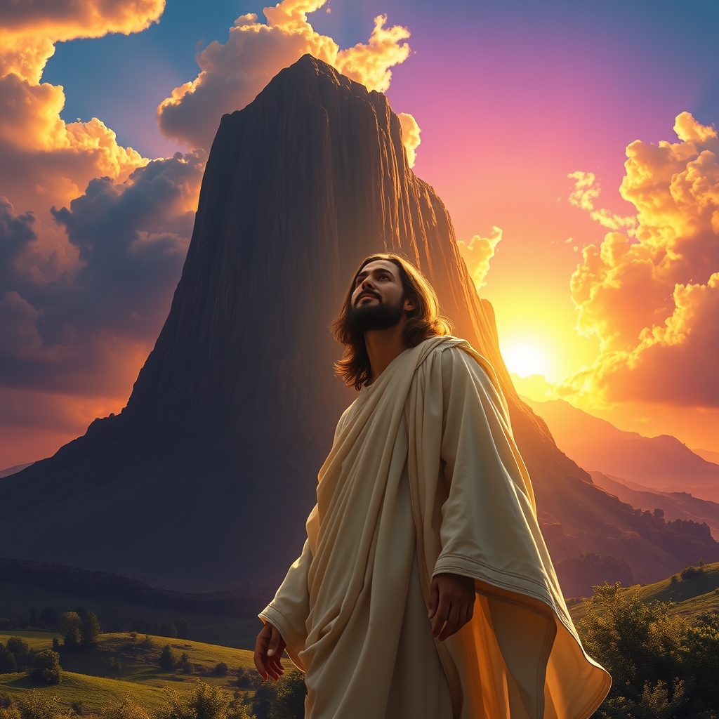 barock jesus mount sinai dramatic lighting warm golden glow majestic clouds lush green landscape vibrant purple sunrise serene expression flowing white robes intricate details biblical aura by Free AI Image Generator & Maker - No login required✨ | AIGAZOU
