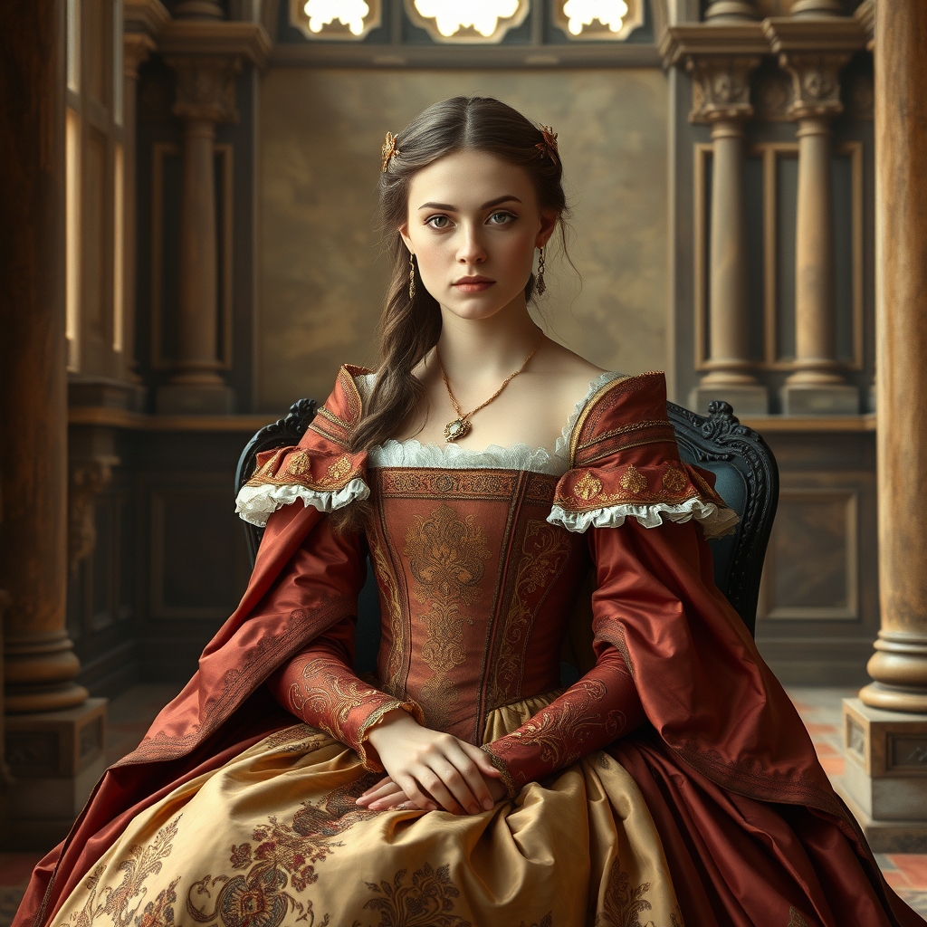 medieval portrait noblewoman lavish gown ancient palace solemn expression by Free AI Image Generator & Maker - No login required✨ | AIGAZOU
