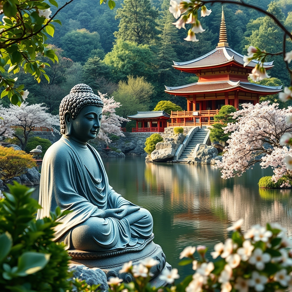 japanese garden buddha jesus lake pagoda temple cherry blossoms tranquil atmosphere by 無料AI画像生成 aiイラスト - ログイン不要の画像作成サイト | AIGAZOU