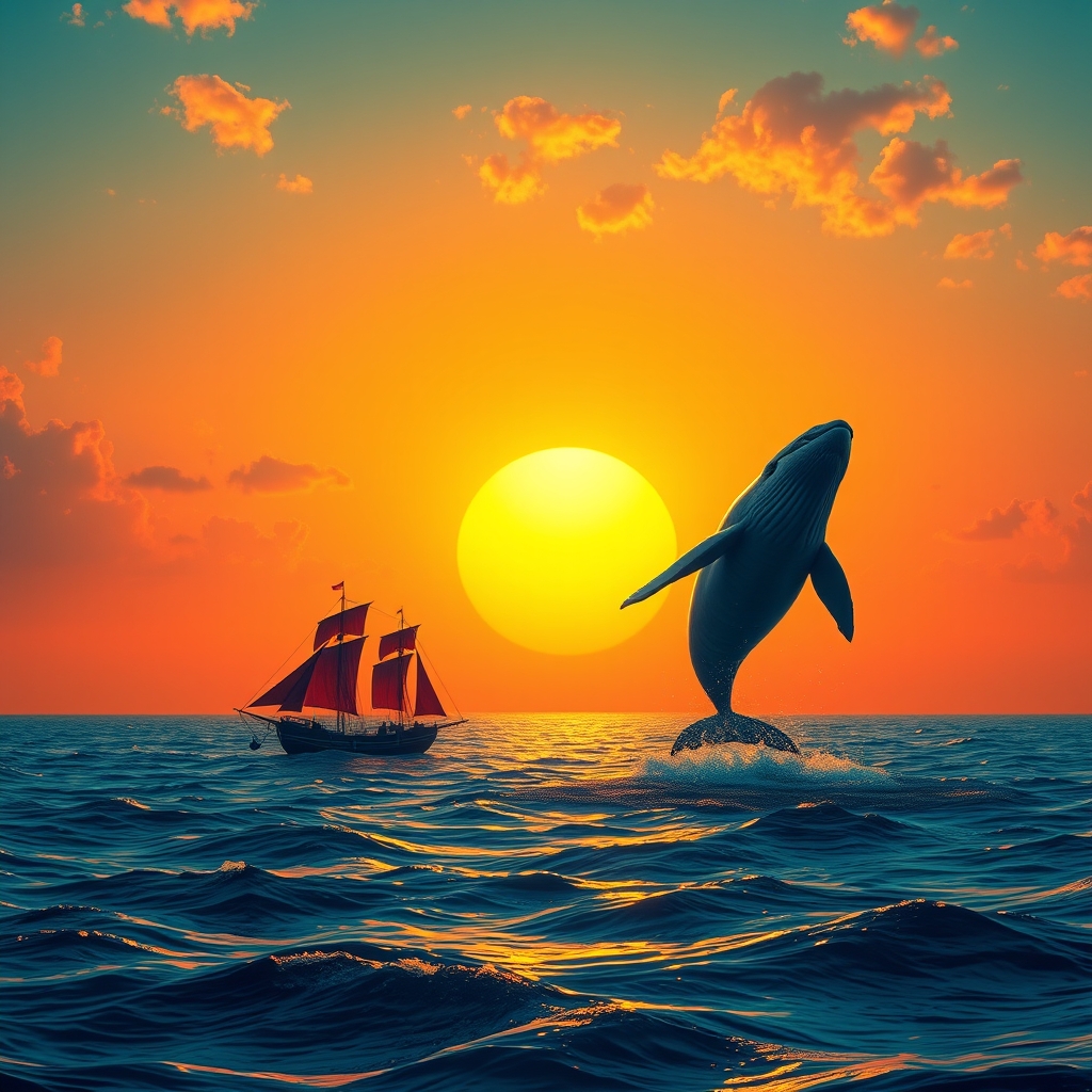 panoramic orange sunrise ocean jumping whale black junk red sails distant islands warm hues reflective water soft morning light vibrant colors intricate details serene atmosphere by Free AI Image Generator & Maker - No login required✨ | AIGAZOU