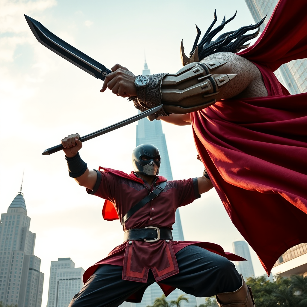 malay superhero with keris fights larger enemy in jakarta skyscraper duel by Free AI Image Generator & Maker - No login required✨ | AIGAZOU