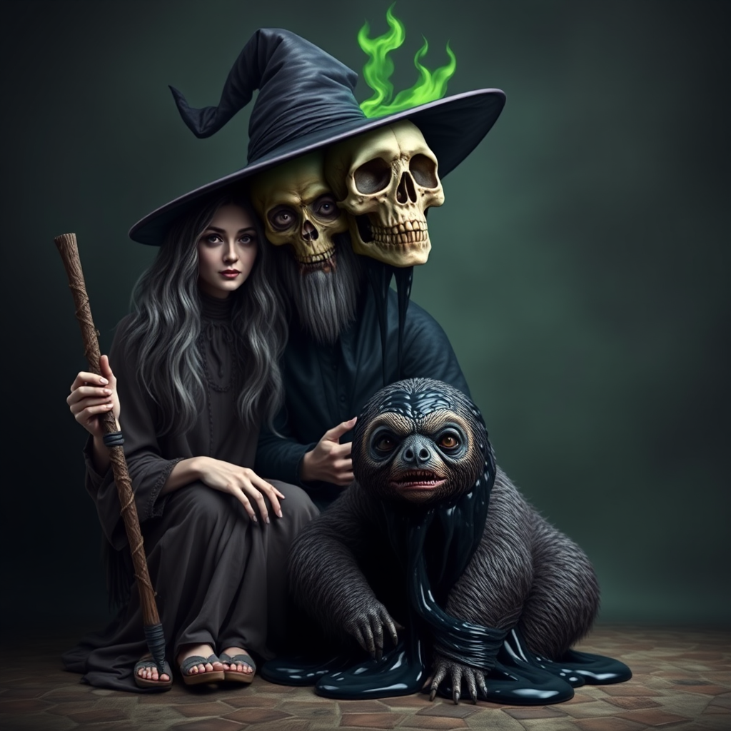 grotesque scary family photo witch skull goo sloth by 無料AI画像生成 aiイラスト - ログイン不要の画像作成サイト | AIGAZOU