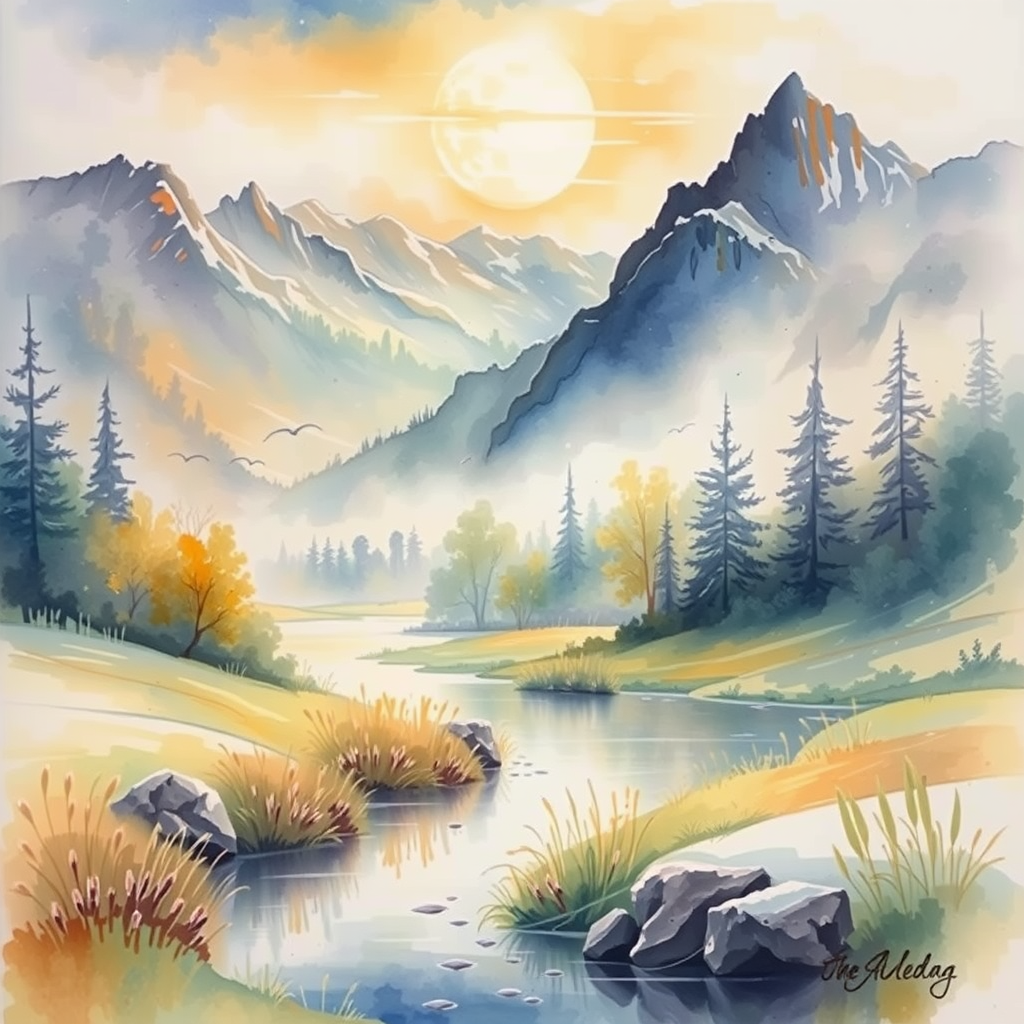 beautiful wide landscape in watercolor style by Free AI Image Generator & Maker - No login required✨ | AIGAZOU