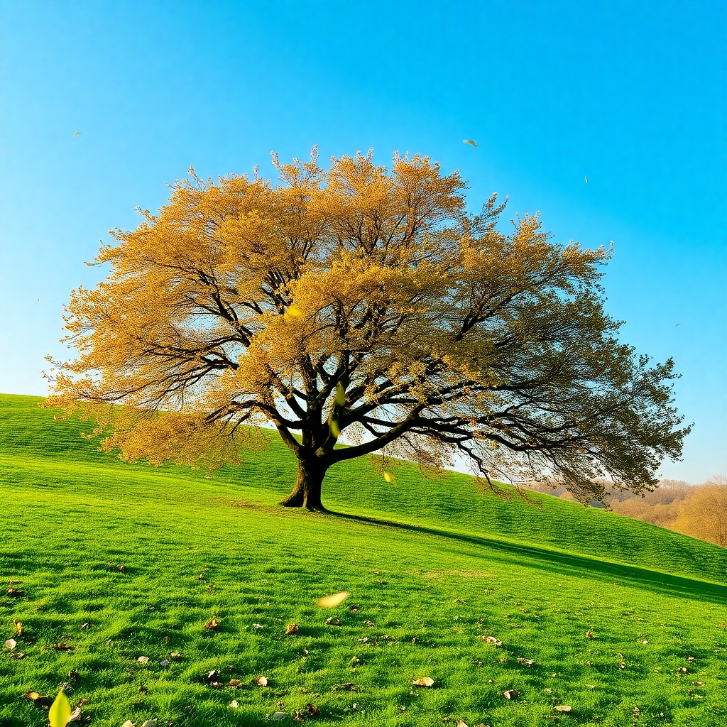 tree on green hill with falling leaves by Free AI Image Generator & Maker - No login required✨ | AIGAZOU