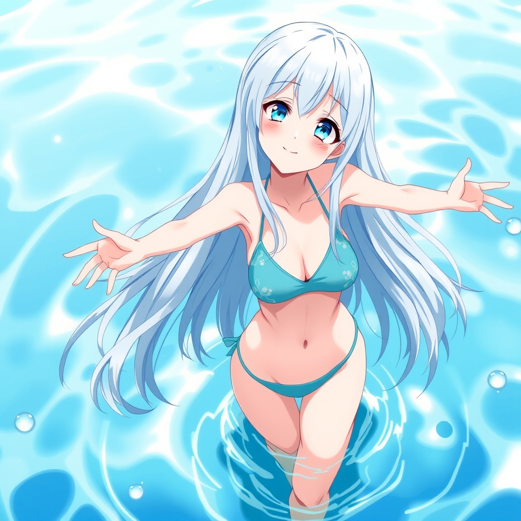 platinum marine blue long hair platinum blonde eyes 155cm striking body soft atmosphere girl anime style illustration by Free AI Image Generator & Maker - No login required✨ | AIGAZOU