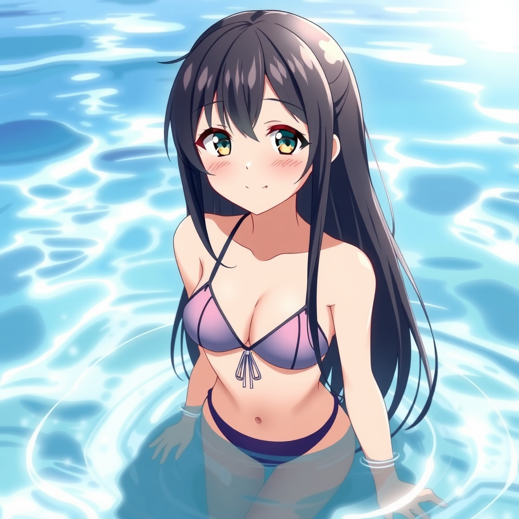 black long hair platinum blonde eyes 155cm striking body soft atmosphere girl bikini shallow sea smiling gaze anime style illustration front view by Free AI Image Generator & Maker - No login required✨ | AIGAZOU