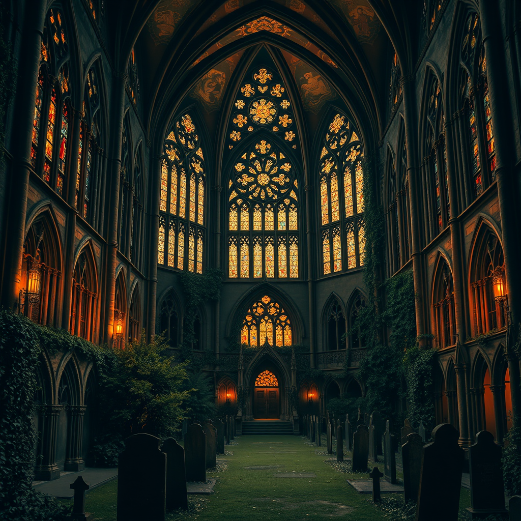 gothic cathedral stained glass candlelight murals courtyard by Free AI Image Generator & Maker - No login required✨ | AIGAZOU