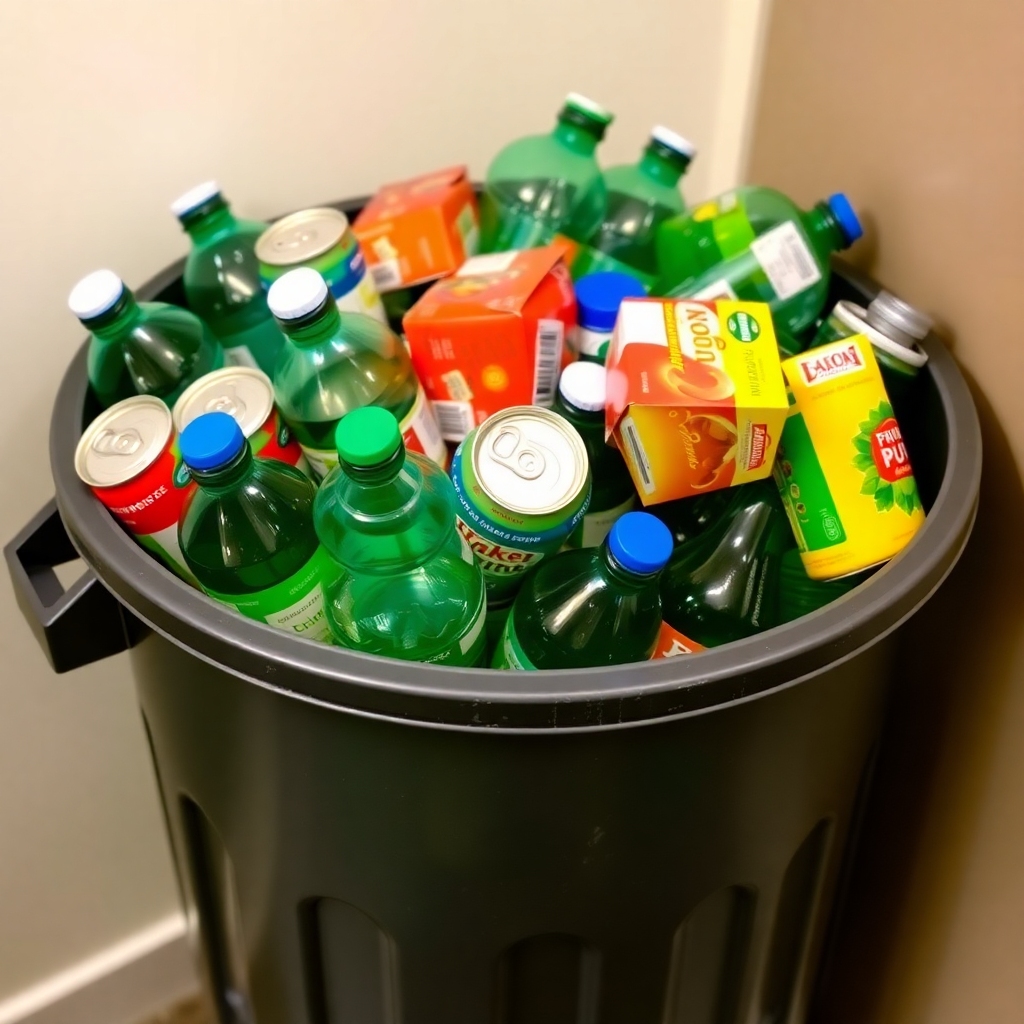 large trash filled with cans juice boxes by Free AI Image Generator & Maker - No login required✨ | AIGAZOU