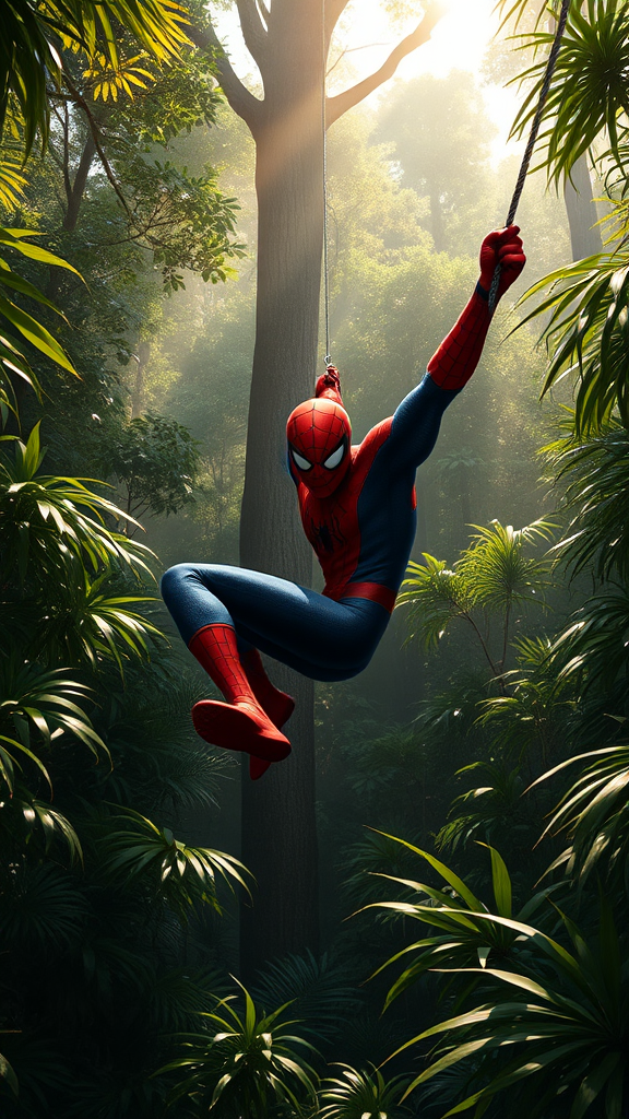 spiderman swinging jungle dense foliage trees by Free AI Image Generator & Maker - No login required✨ | AIGAZOU