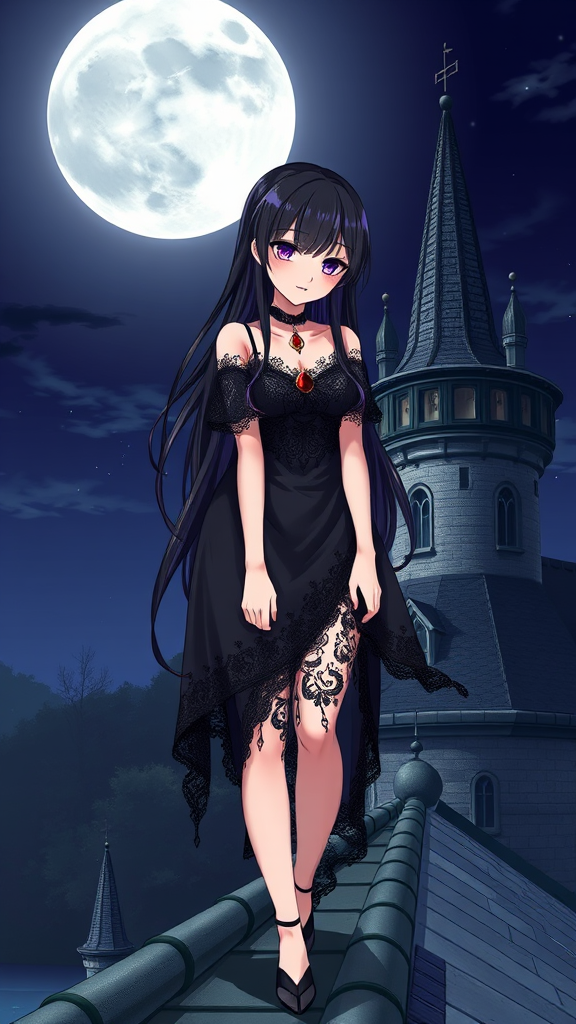 vampire girl standing on castle roof night sky by Free AI Image Generator & Maker - No login required✨ | AIGAZOU