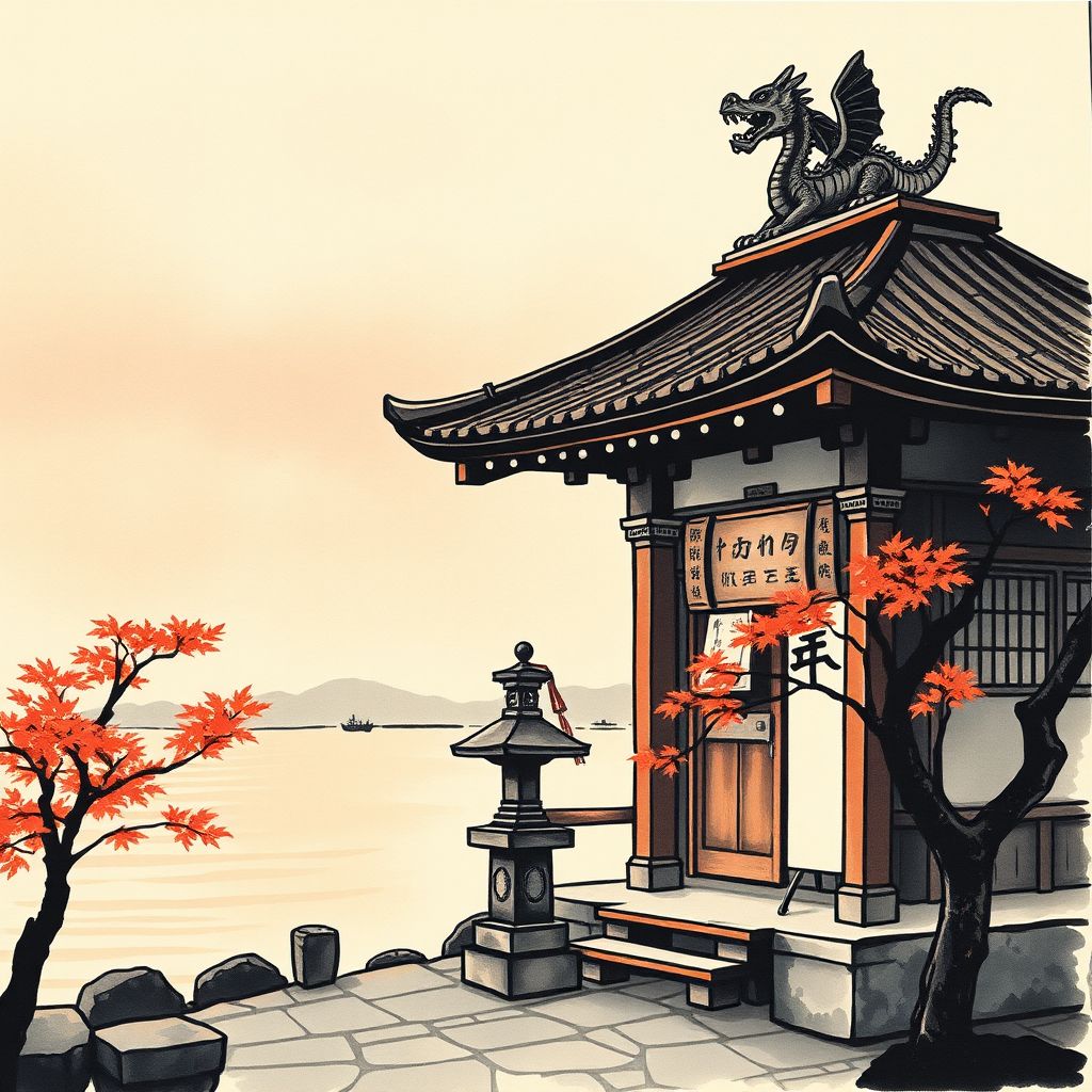 japanese ink wash painting shrine seaside by Free AI Image Generator & Maker - No login required✨ | AIGAZOU