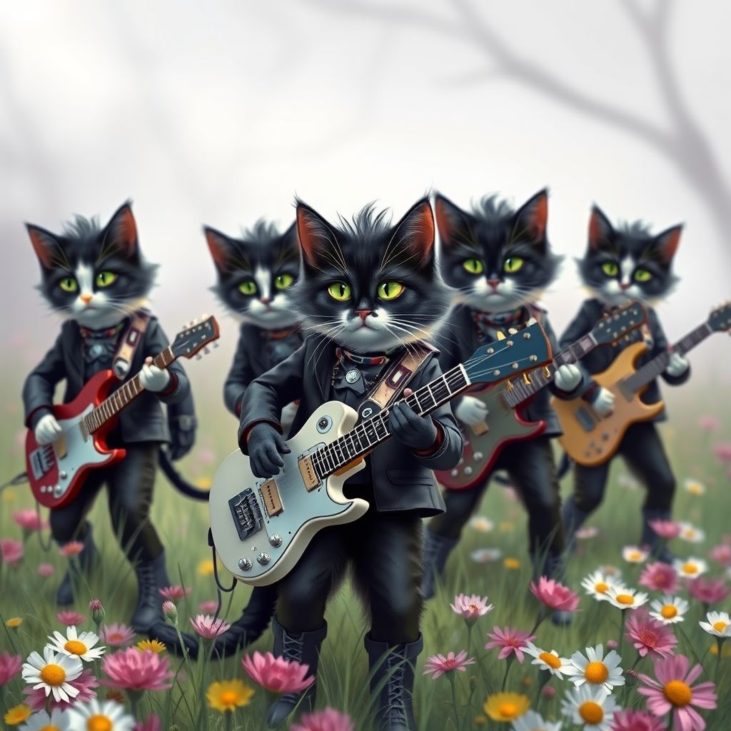 black white cats punk outfit guitar by Free AI Image Generator & Maker - No login required✨ | AIGAZOU
