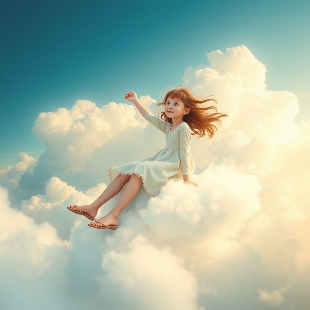 girl happy riding clouds by Free AI Image Generator & Maker - No login required✨ | AIGAZOU