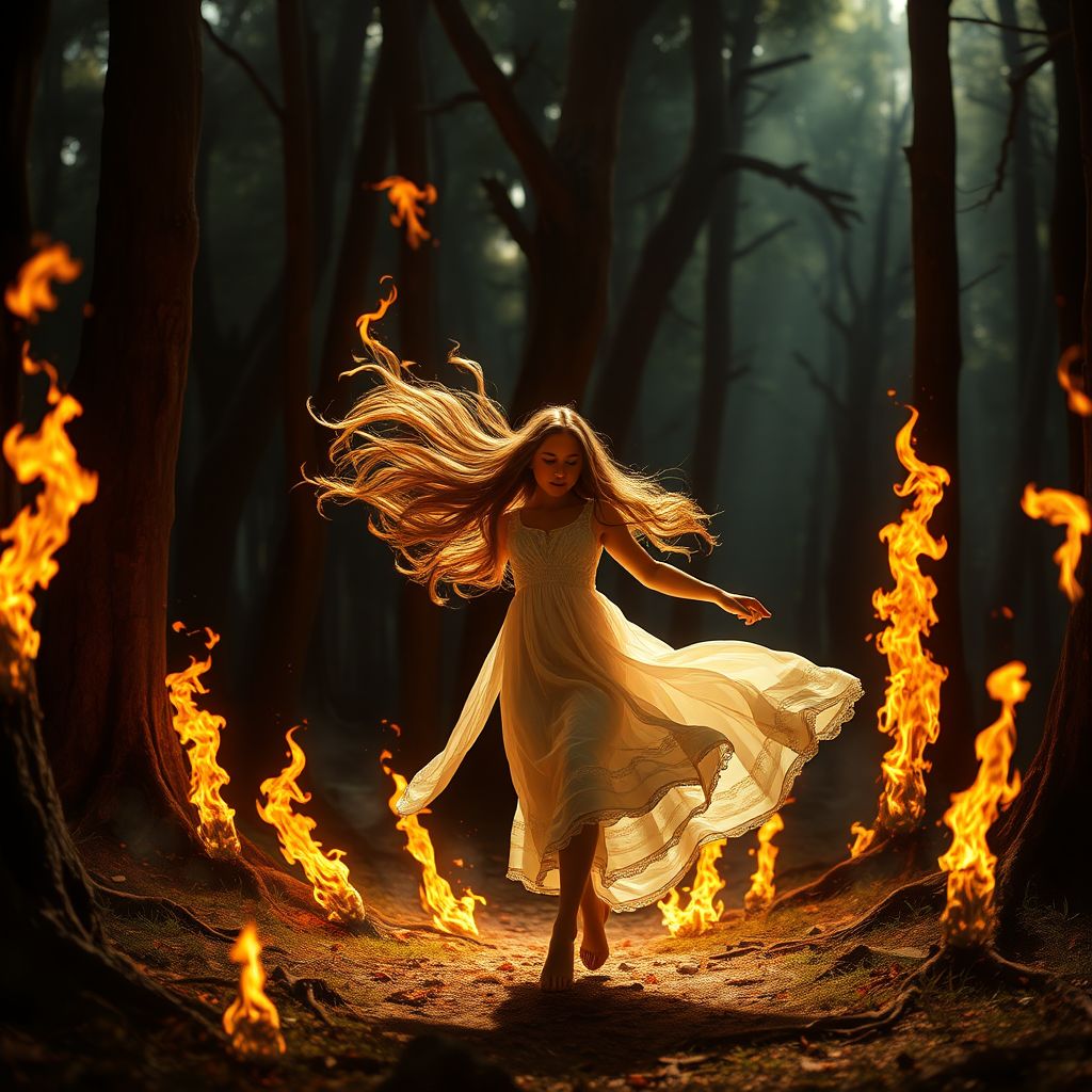 photorealistic girl dancing forest flames by Free AI Image Generator & Maker - No login required✨ | AIGAZOU
