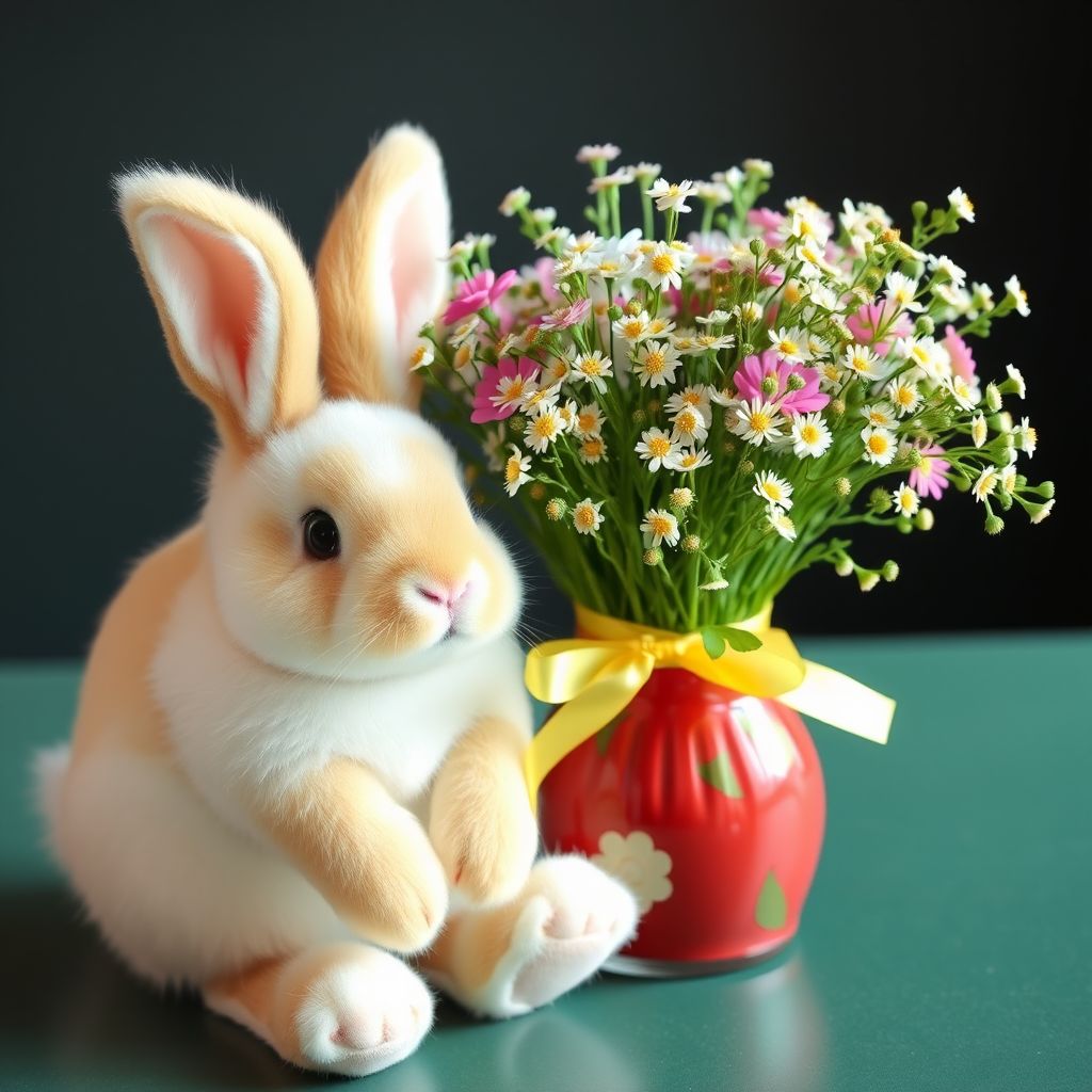 easter bunny sits next to bouquet by Free AI Image Generator & Maker - No login required✨ | AIGAZOU