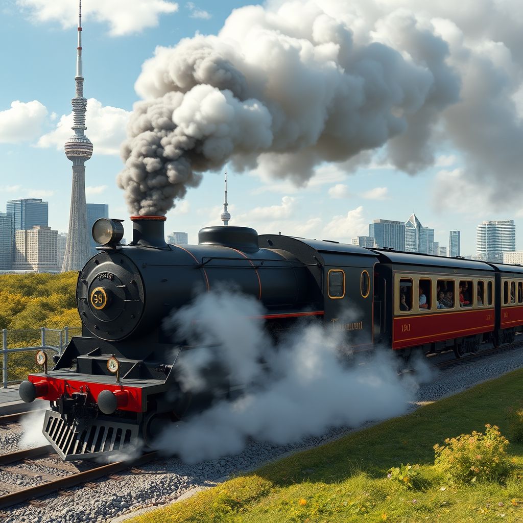 sunny day steam locomotive tokyo skytree by Free AI Image Generator & Maker - No login required✨ | AIGAZOU